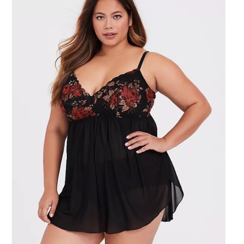 NWOT Torrid Black Mesh & Floral Lace BabyDoll